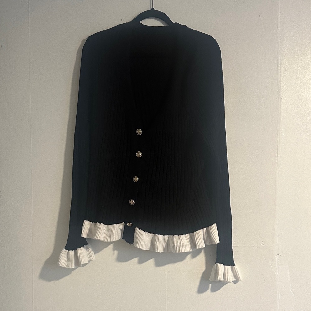 Black Ribbed Button Cardigan with White Ruffle Trim